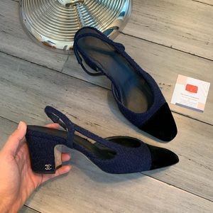 Chanel cc classic slingback tweed black sz 39.5